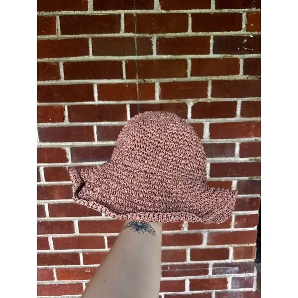 Brown Crochet Raffia Bucket Hat Wavy Brim Boho Festival Sun Hat - Picture 2 of 4